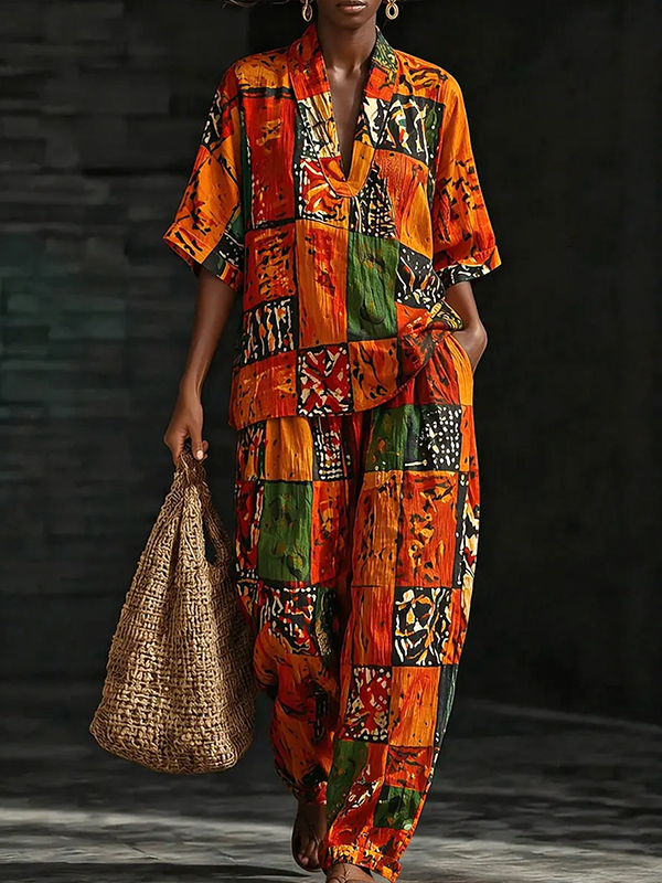 Women's Retro Geometric Abstract Art Print Deep V Neck Half Sleeve T-Shirt Pants Matching Set