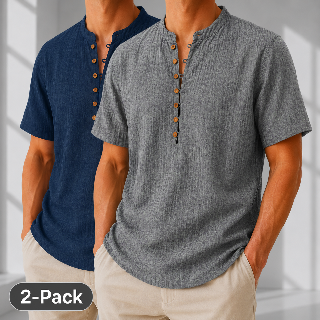 American Flag Cotton Linen Popover Shirts - 2-Pack for 4th of July Celebrations - Various Colors & Sizes - Gray+Navy Blue M