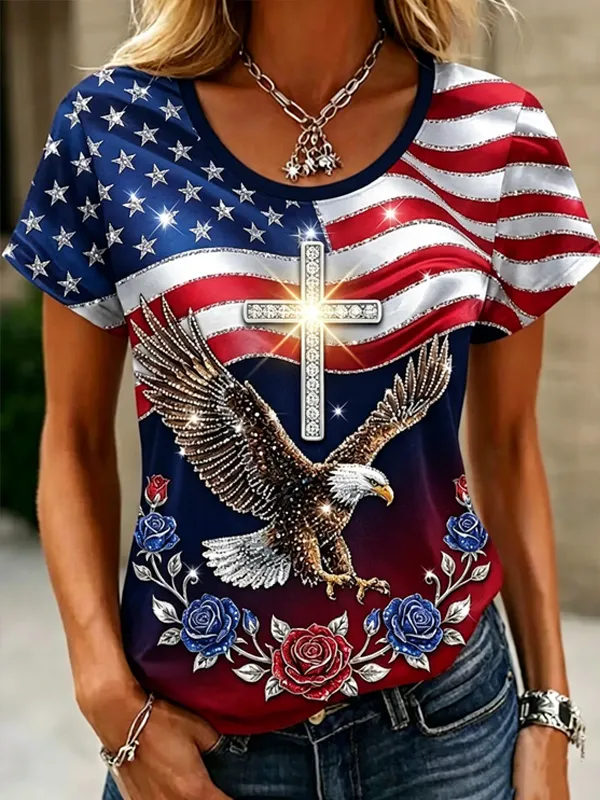 Women's Sparkle US Flag Bald Eagle Rose Diamond Cross Patriotic Faith Art Print Casual T-Shirt