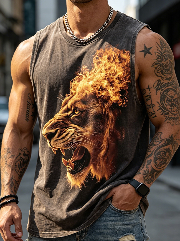 Men's Vintage Washed Fire Lion Art Print Tank Top