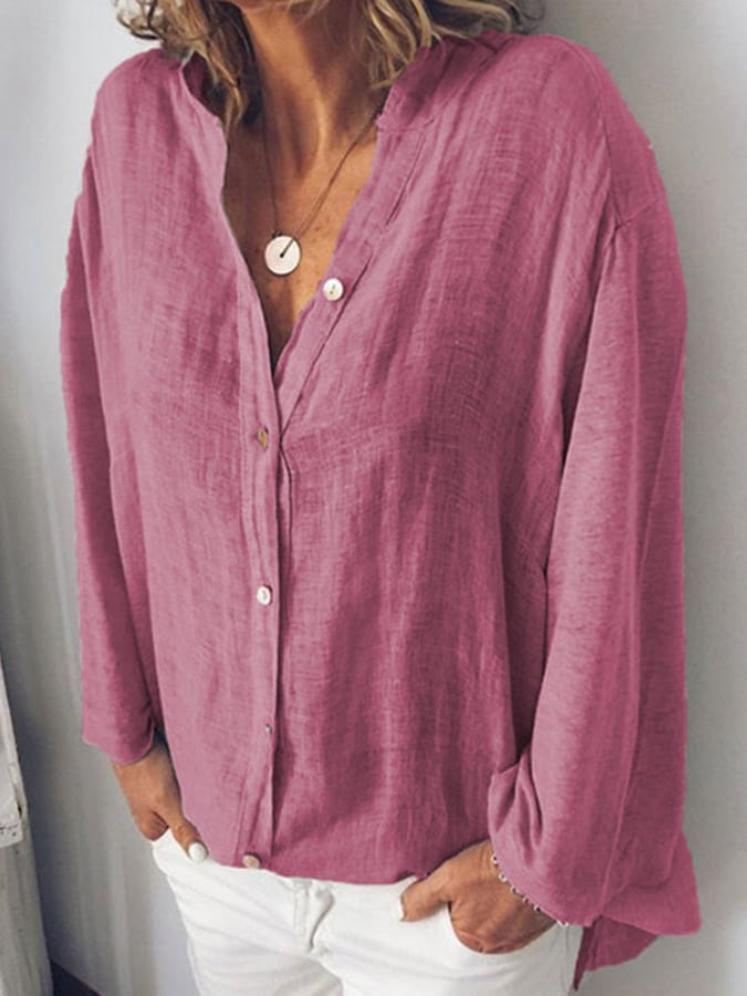 Women's V-Neck Long Sleeve Loose Button Design Casual Shirt