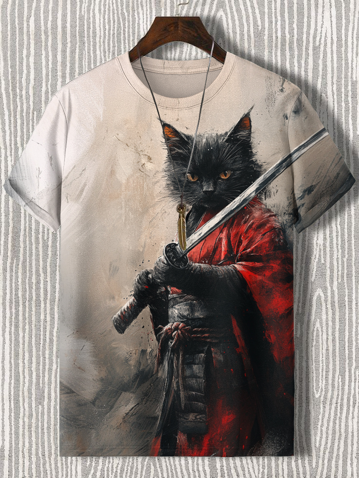 Men's Black Cat Samurai Ink Art Print T-Shirt
