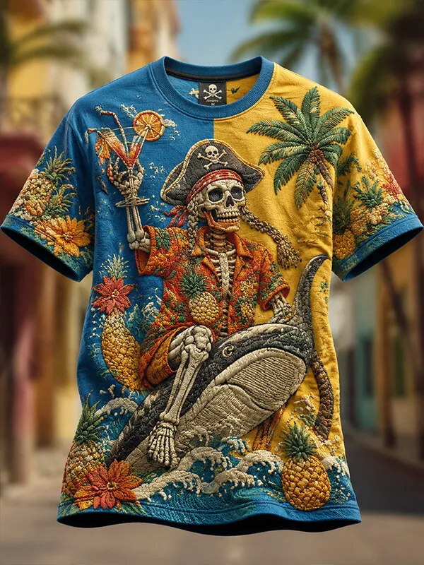 Men's Two Tone Pirate Skeleton Surfing Whale Tropical Print T-Shirt