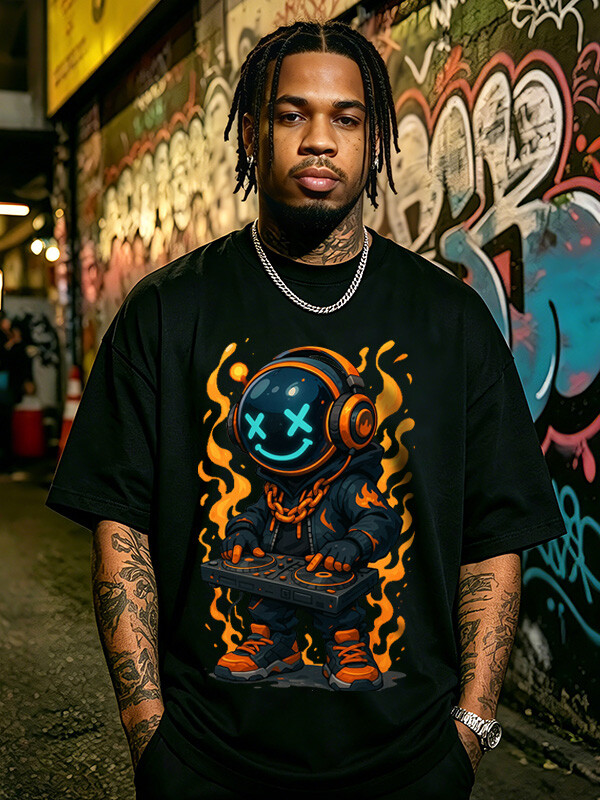 Men's Flame DJ Smiley Astronaut Graphic Print Drop Shoulder Casual T-Shirt