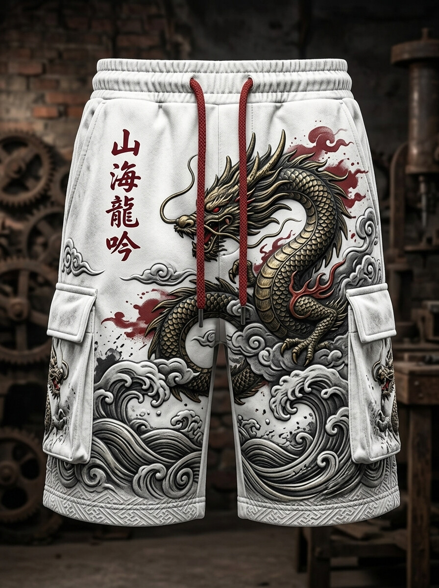 Men's Dragon Shanhai Dragon Roar Print Drawstring Waist Shorts