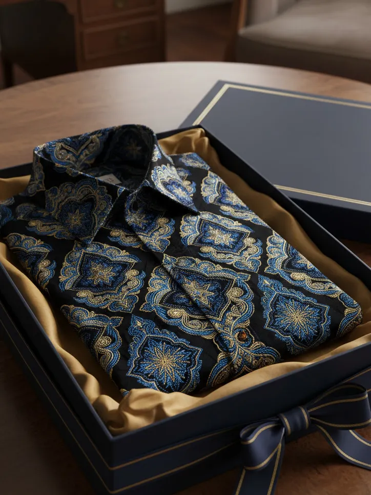 Men's Luxury Vintage Blue Gold Floral Paisley Print Long Sleeve Shirt