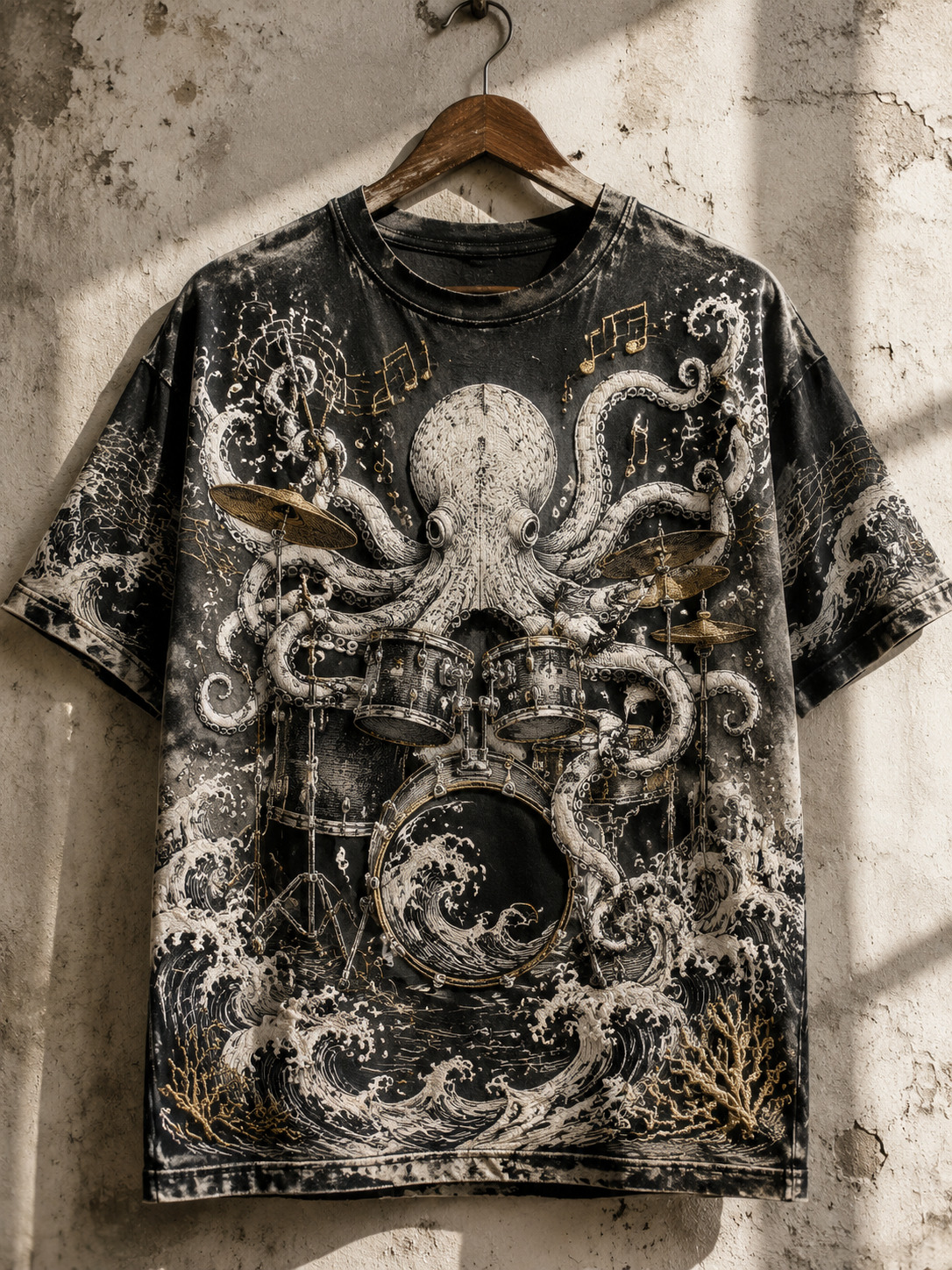 Men's Vintage Cthulhu Octopus Drum Kit Wave Print T-Shirt
