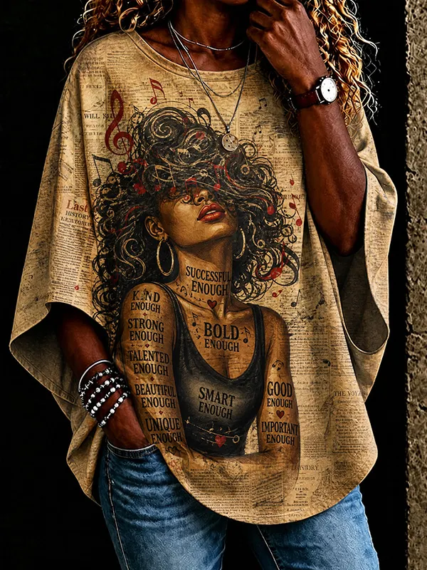 Women's Newspaper Black Woman Musical Note Art Print Casual T-Shirt