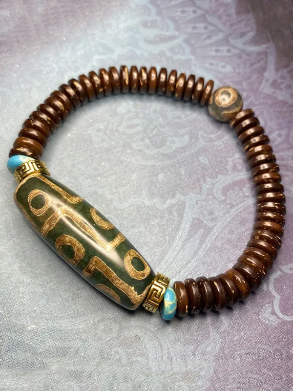 Buddha Stones Tibetan Nine-Eye Dzi Bead Wealth Bracelet