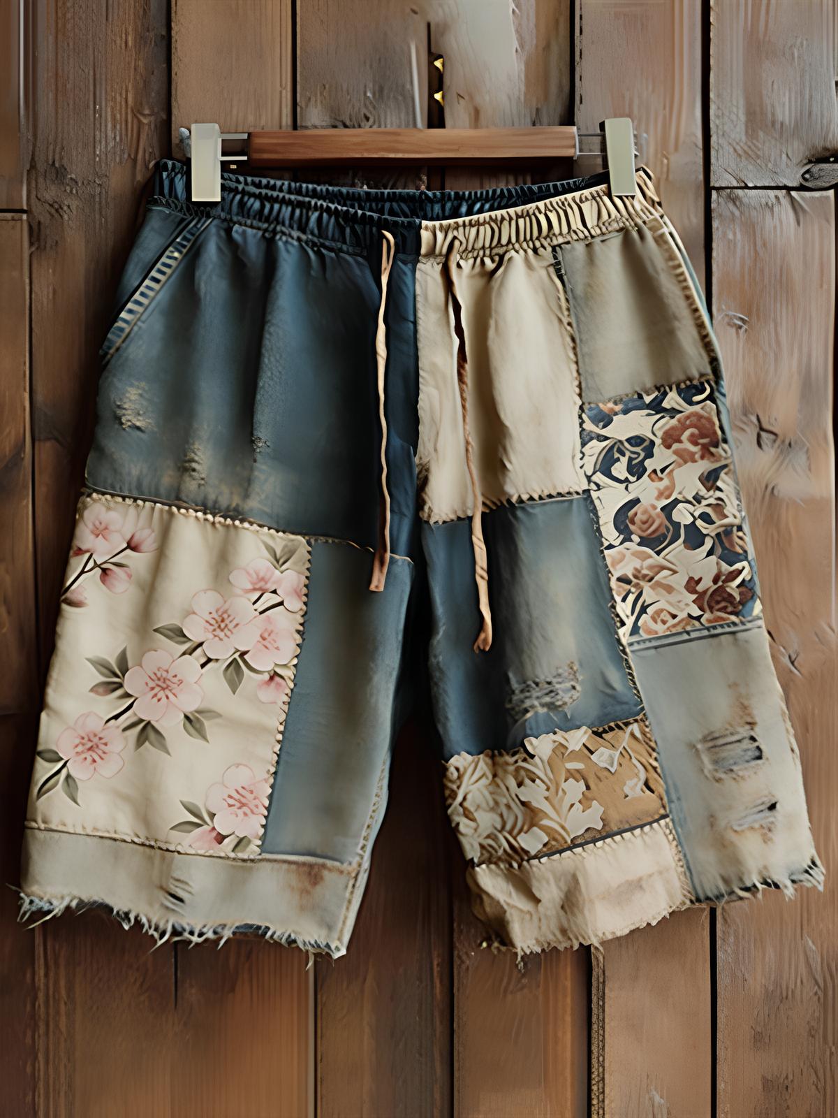 Men's Patchwork Art Floral Print Casual Shorts