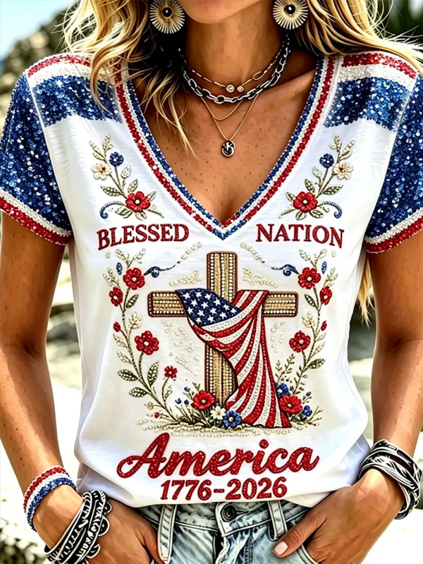 Women's Blessed Nation America 1776-2026 Rhinestone Floral Cross US Flag Art Print V Neck Short Sleeve T-Shirt