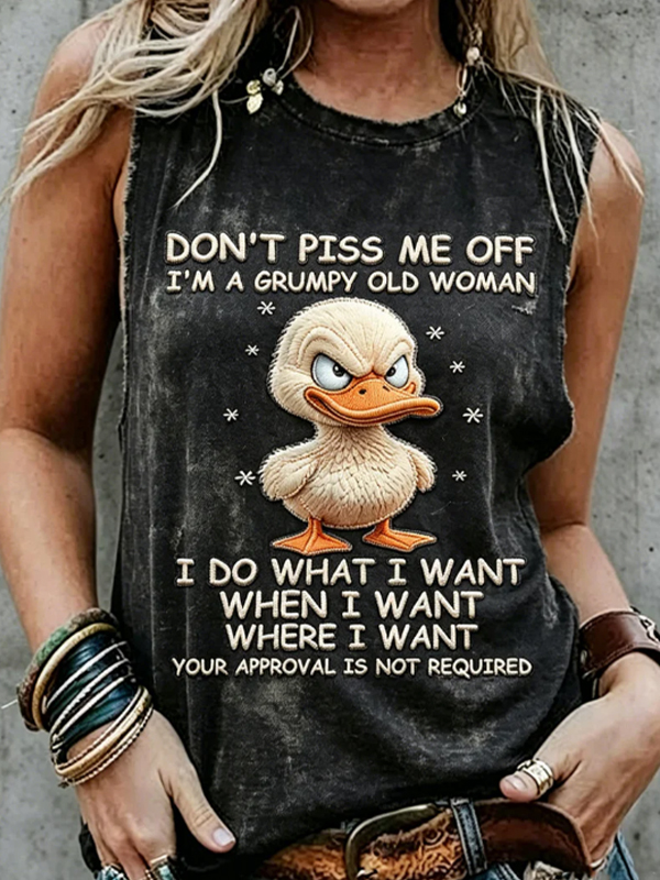 Women's Funny Duck Don't Piss Me Off I'M A Grumpy Old Woman Print Casual Tank Top