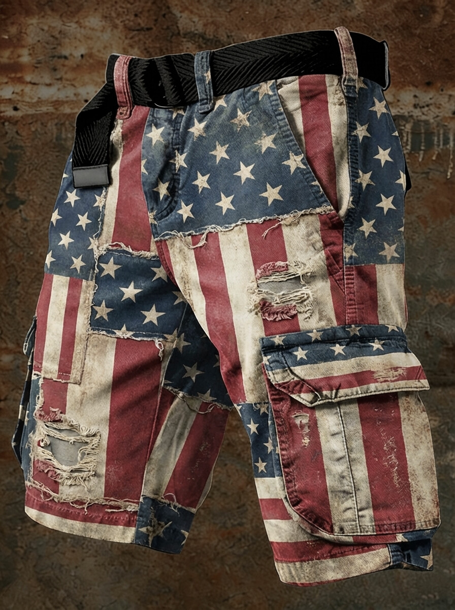 Men's USA Flag Stars And Stripes Print Denim-Like Cargo Shorts