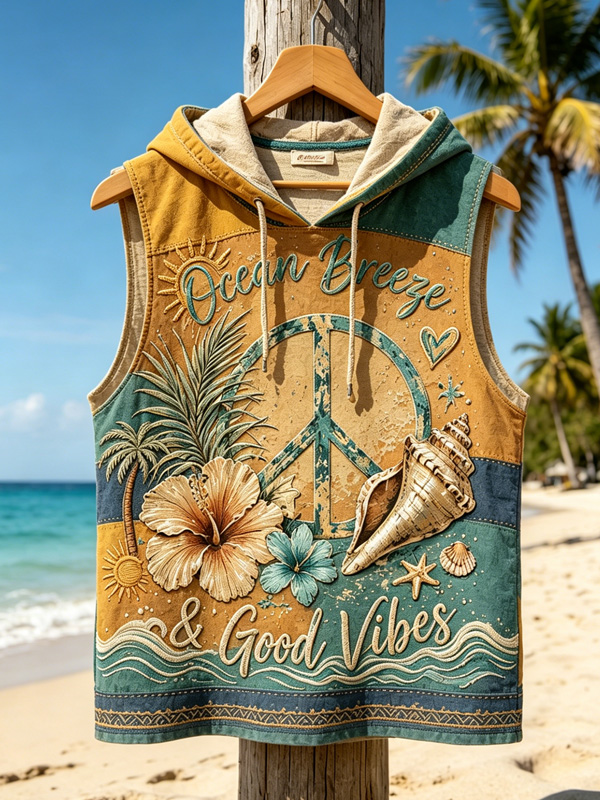 Men's Hawaii Hibiscus Ocean Breeze and Good Vibes Print Hooded Tank Top