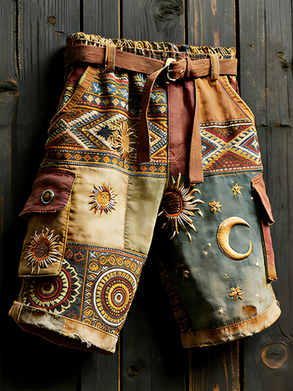 Men's Vintage Sun Moon Star Ethnic Patchwork Art Print Denim-Like Casual Shorts