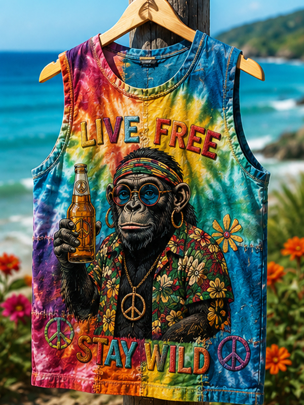Men's Live Free Stay Wild A Gorilla Drinking Beer Tie-Dye Hippie Art Print Vacation Tank Top