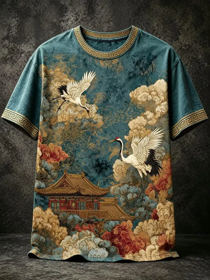 Men's Cloud Ancient Temple Double Red Crowned Crane Print T-Shirt