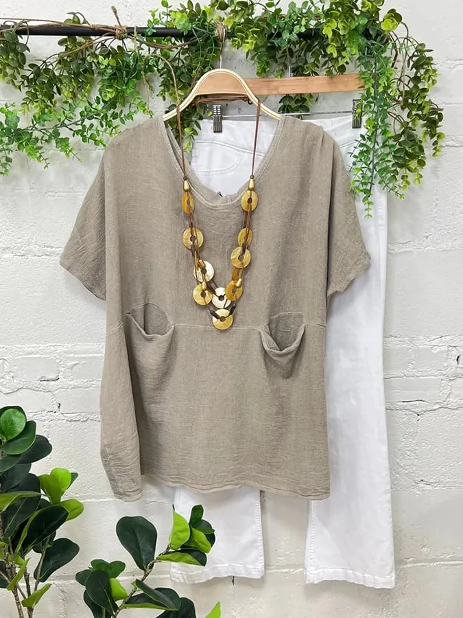 Women's Linen Crew Neck Drop Shoulder Pocket Top