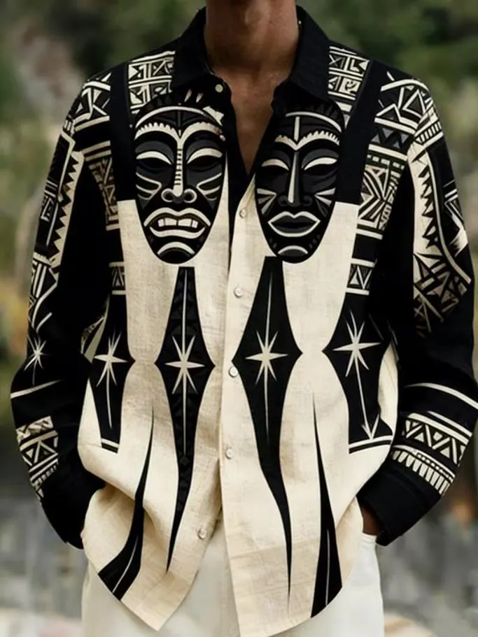 Men's African Tribal Twin Masks Geometric Ethnic Print Long Sleeve Shirt