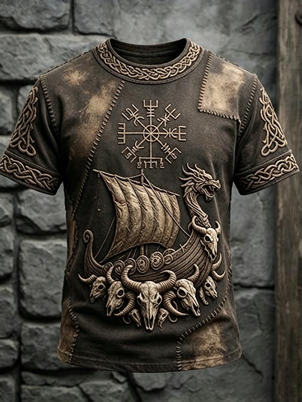 Men's Viking Dragon Head Ship Print T-Shirt