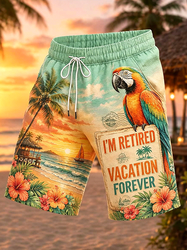 Men's I'm Retired Vacation Forever Parrot And Flower Art Print Casual Shorts