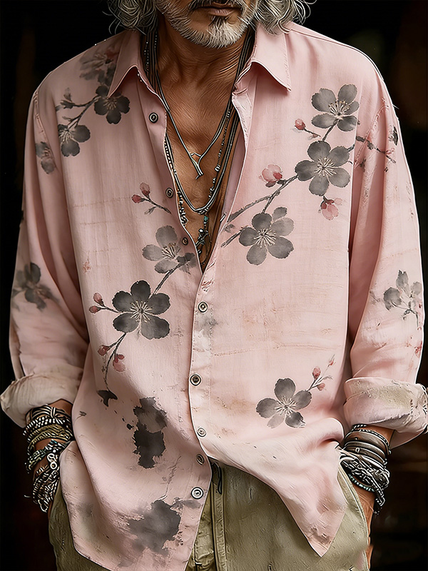 Men's Japanese Art Cherry Blossom Print Long Sleeve Shirt