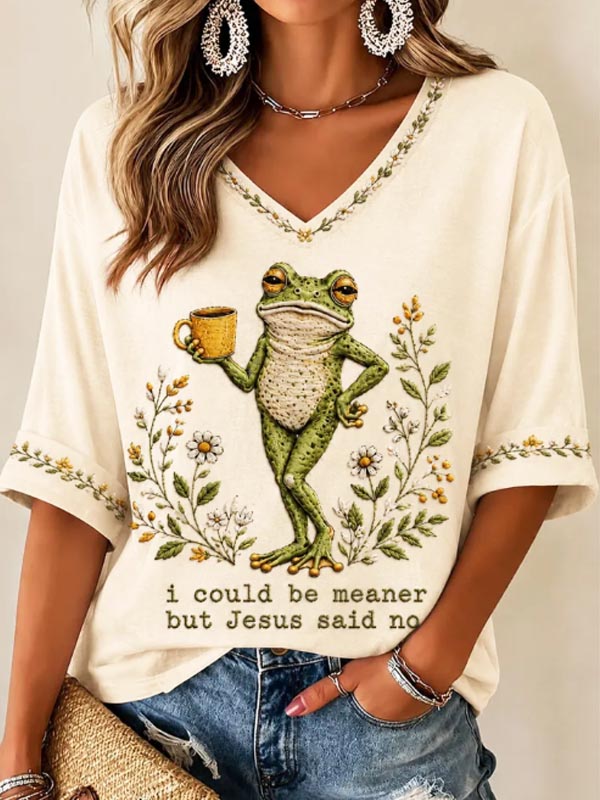 Women's Floral Daisy Frog Coffee Christian Art Print Casual V Neck T-Shirt