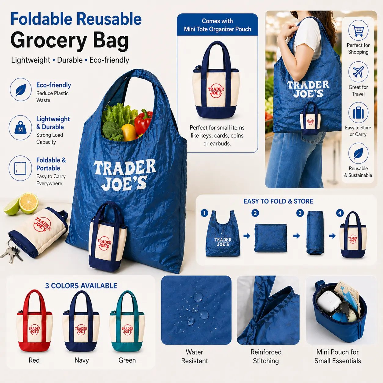 🛍️Trader Joe's Style Foldable Reusable Grocery Bag – 2-in-1 Tote with Mini Canvas Pouch (🔥Set of 3)