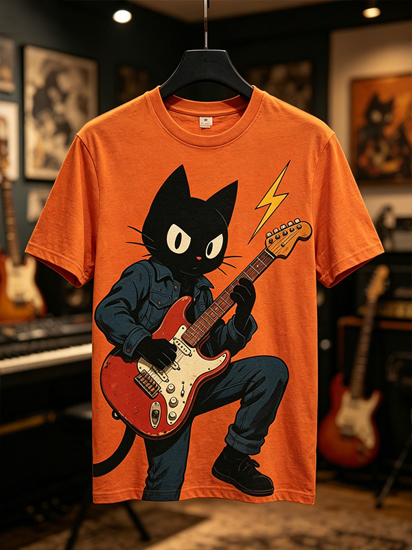 Men's Cartoon Rock Cat Playing Guitar Print T-Shirt