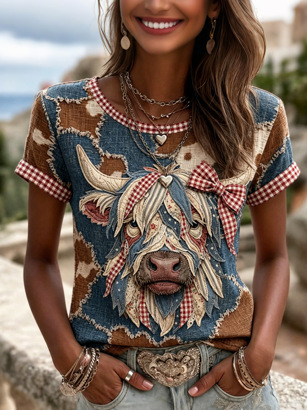 Women's Retro Western-Style Cattle Plaid Print Casual T-Shirt