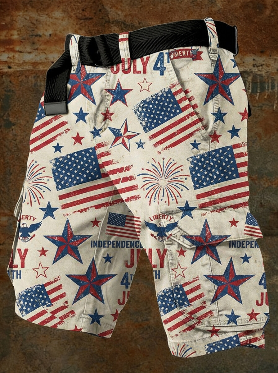 Men's July 4th Independence Day Firework Flag Print Denim-Like Cargo Shorts