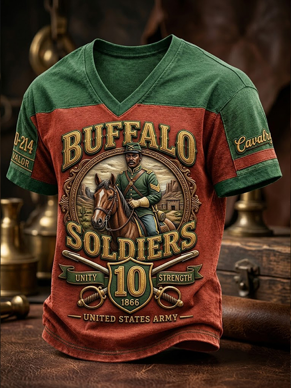Men's Buffalo Soldiers Color Blocking Western Style Print V Neck T-Shirt