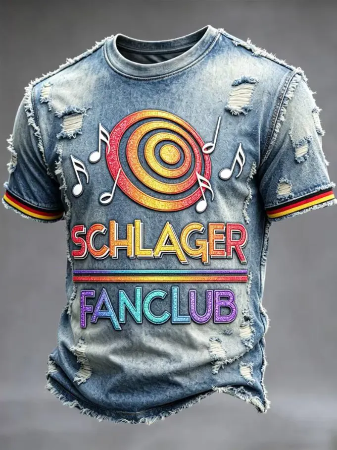 Men's Retro Rainbow Target Musical Note Schlager Fan Print Casual T-Shirt