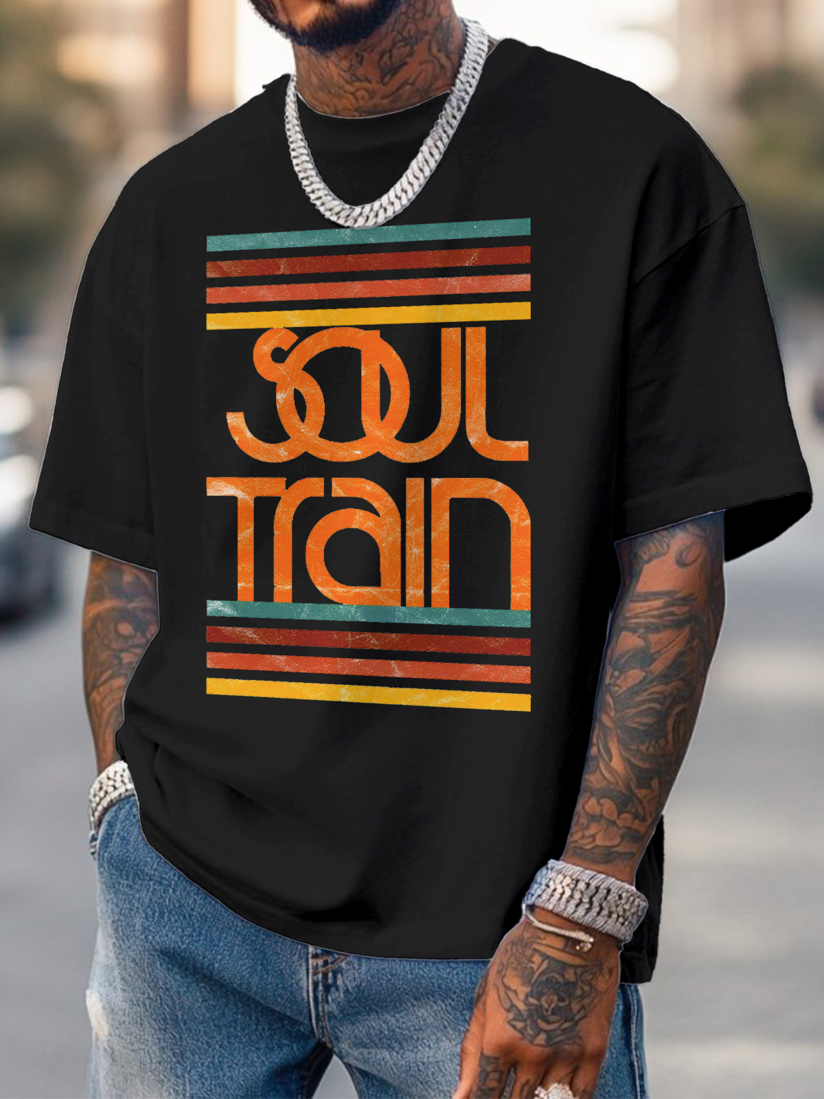 Men's Soul Train Striped Print Cotton Casual T-Shirt