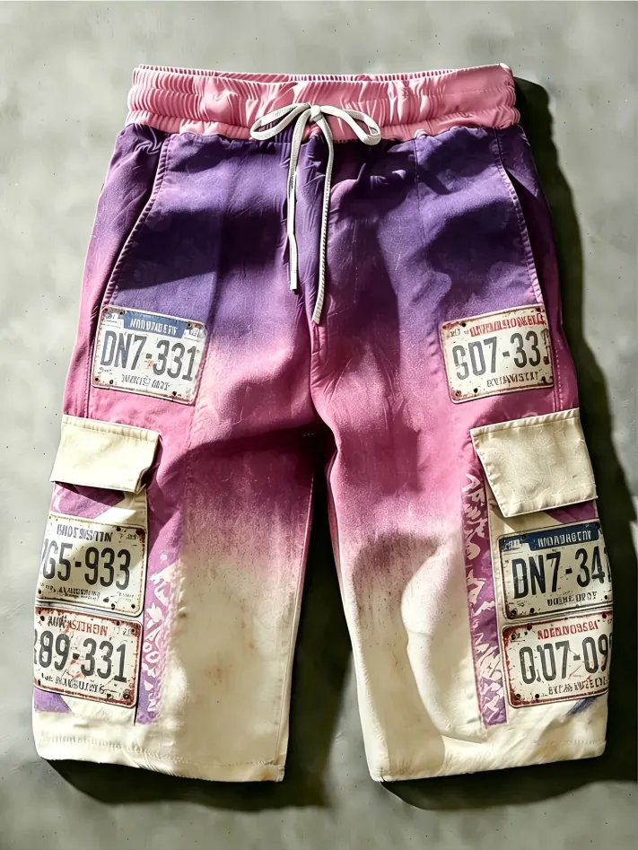 Men's Vintage Car Tag Gradient Print Drawstring Cargo Shorts