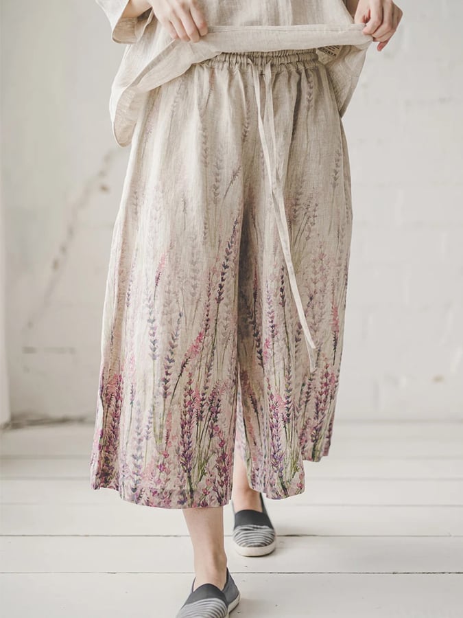 Women's Lavender Print Linen Wide Leg Pants