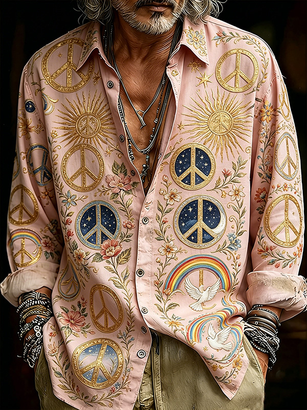 Men's Vintage Peace Sign Sun & Rainbow Art Print Long Sleeve Shirt