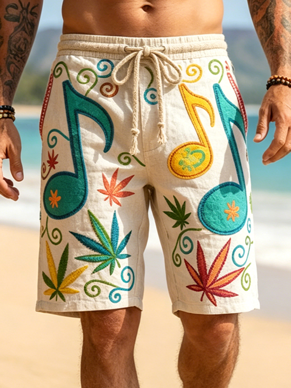 Men's Cannabis Leaves And Musical Notes Vacation Style Art Print Casual Shorts