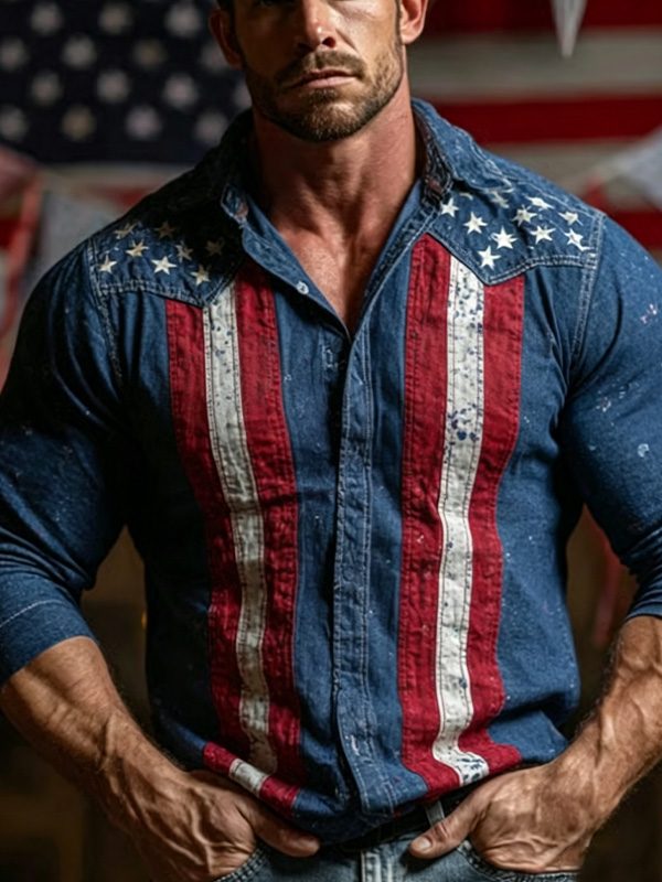 Men's American Flag Star And Stripe Art Print Long Sleeve Shirt