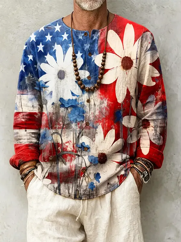 Men's Independence Day Stars And Stripes Floral Print Long Sleeve Shirt