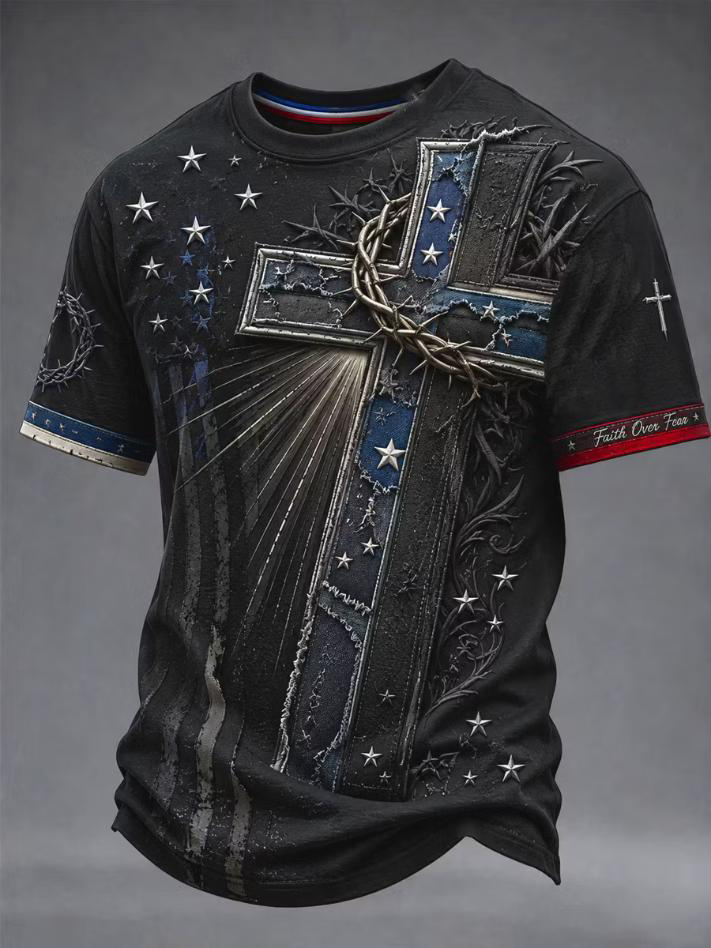 Men's Retro Faith Cross Print Casual T-Shirt