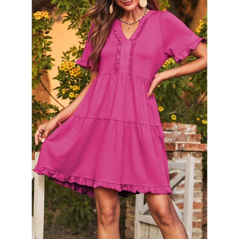 🔥🌈2026 Summer Hot Sale 60% OFF🌈Women's V Neck Ruffle Casual A-Line Flowy Swing Shift Dress