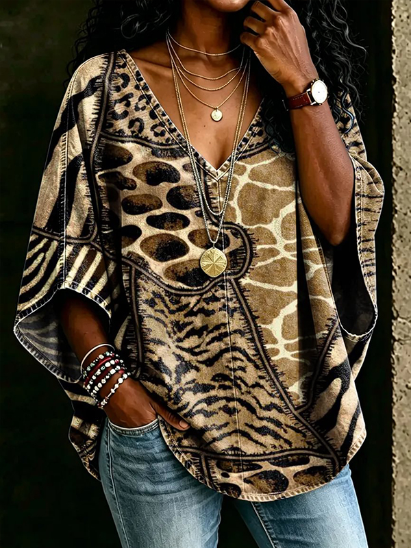 Women's African Animals Pattern Print V Neck Long Sleeve T-Shirt