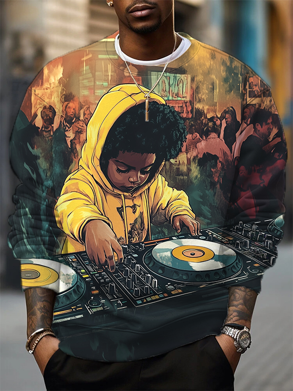 Men's Retro Black Kids DJ Party Art Casual Sweatshirt
