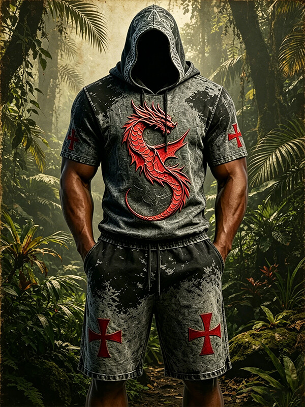 Men's Celtic Dragon Cross Print Casual Hooded T-Shirt Shorts 2pcs Set
