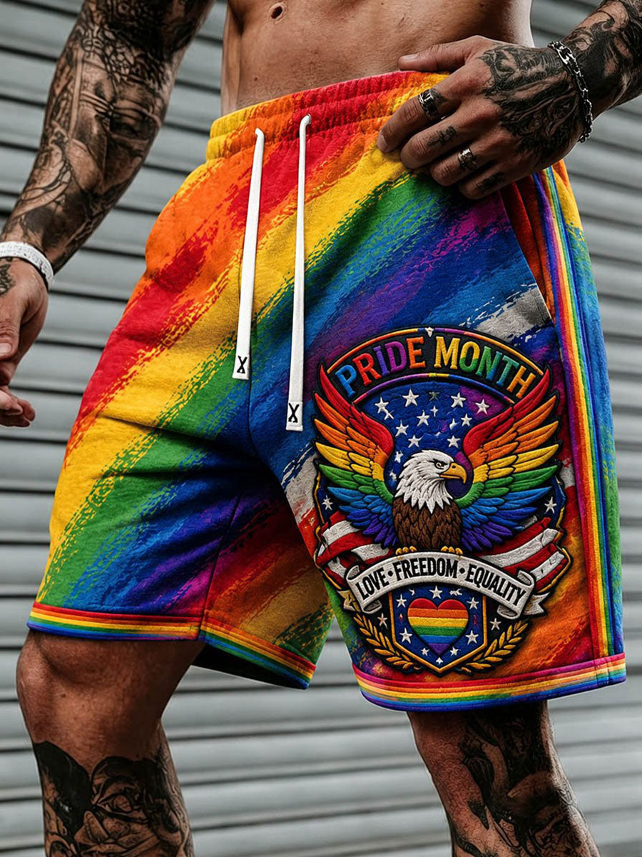 Men's Pride Month Rainbow Eagle And Heart Art Print Casual Shorts