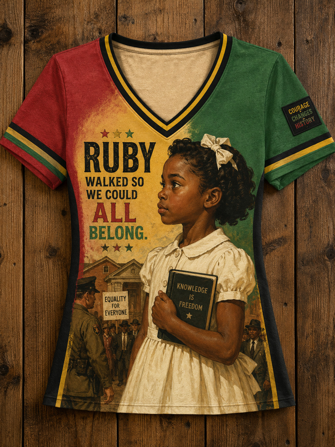 Women's Retro Black Girl Ruby Walked So We Could All Belong Print V Neck Short Sleeve T-Shirt