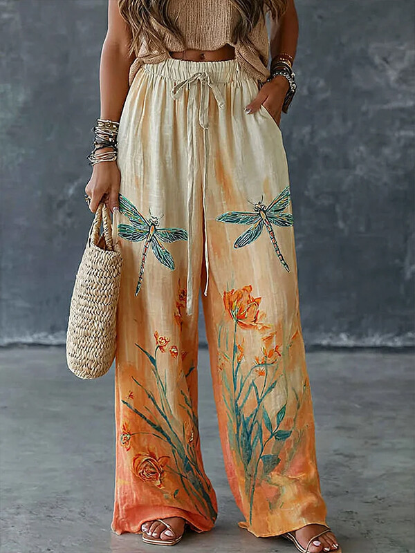 Women's Flower Dragonfly Gradient Color Art Print Casual Pants