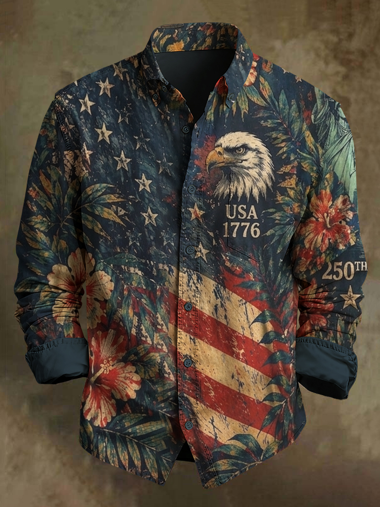 Men's USA 1776 Tropical Floral Eagle Art Print Long Sleeve Shirt