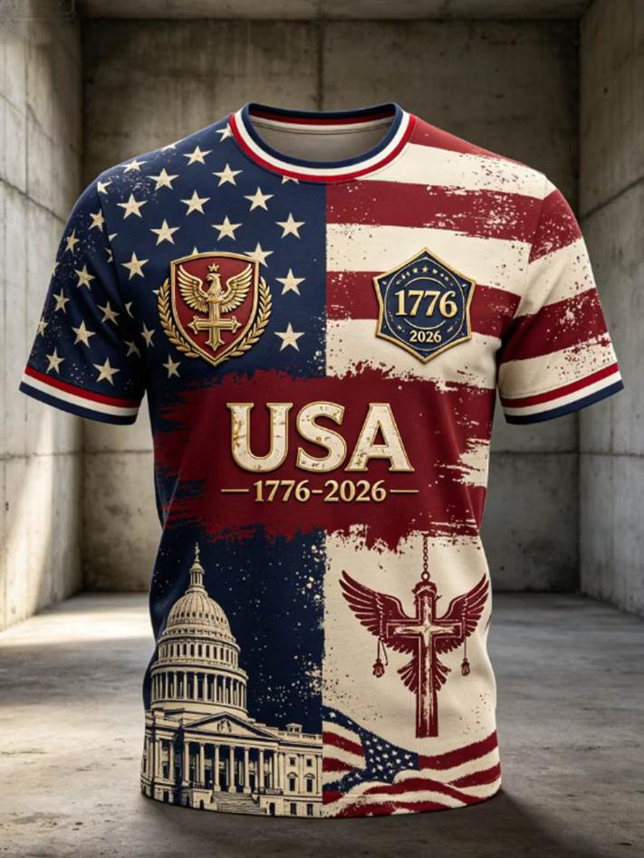 Men's Independence Day USA 1776–2026 Art Print Casual T-Shirt